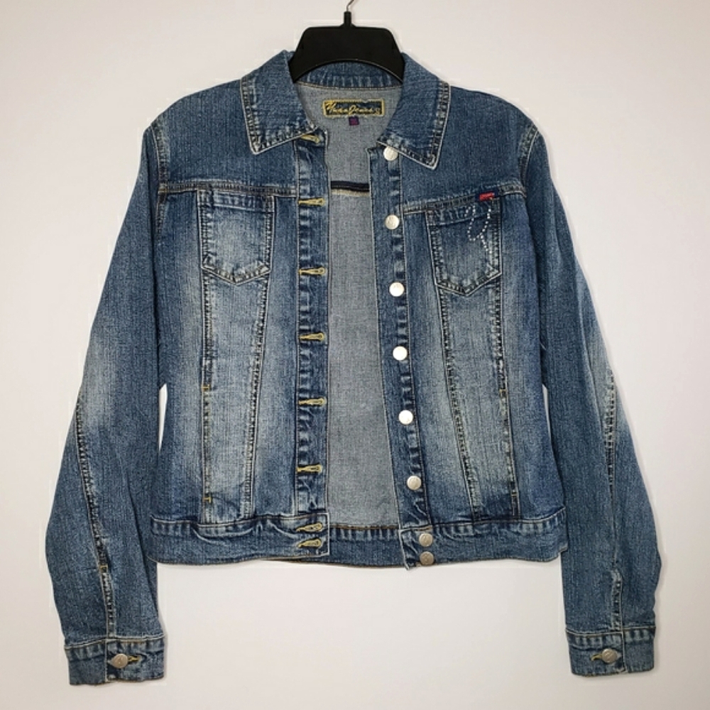 NWOT Vintage YUKA JEANS Denim Jacket Women's S/M  Blue w/ Rhinestone Logo Rare